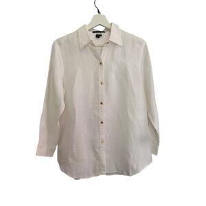 Lauren Ralph Lauren Shirt Womens M‎ White Linen Gold Button Crest Classic